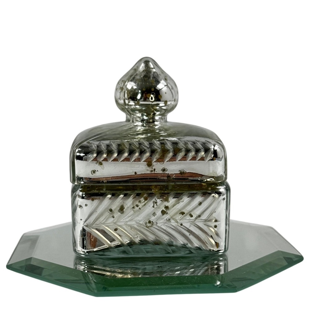 VTG UK Mercury Glass Trinket Box Etched Square Silver Gold Interior w/ Lid GLAM